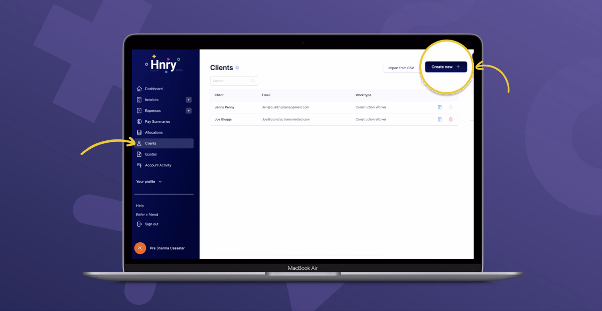 Creating a client in Hnry