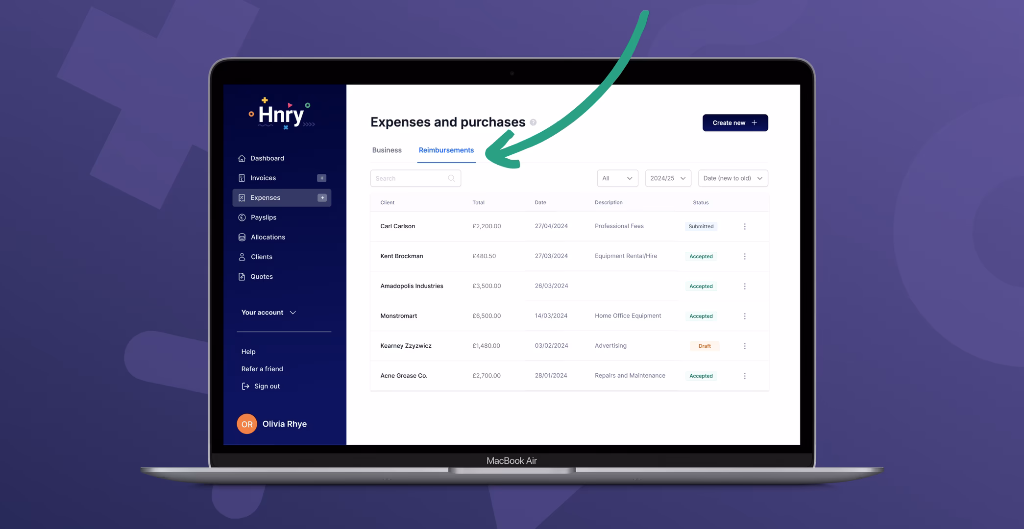 Expenses and purchases page