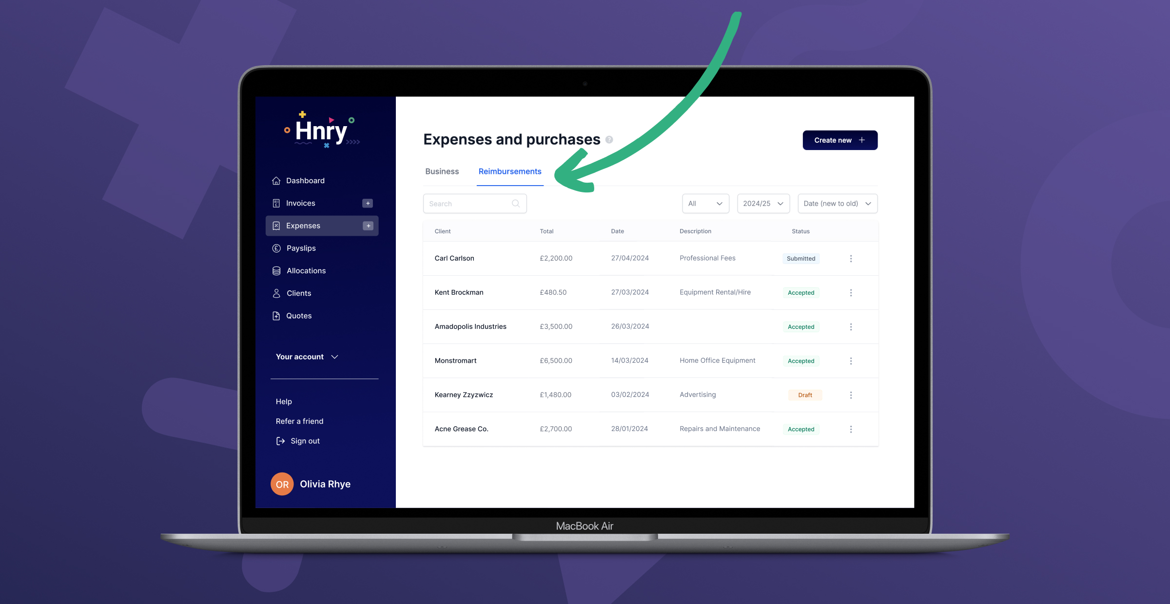 Expenses and purchases page