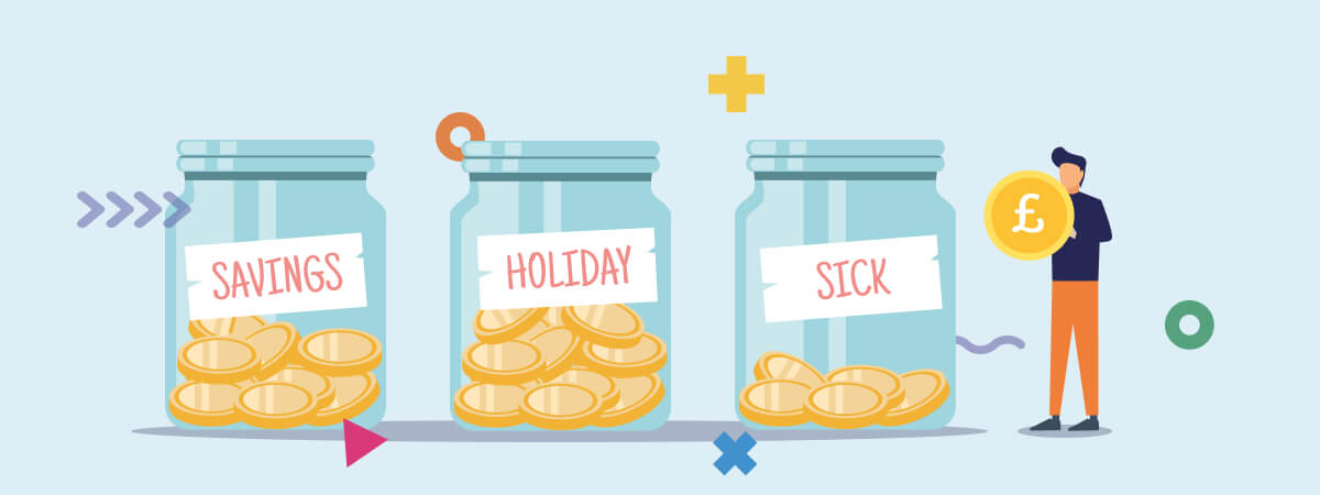 Money jars of savings, holiday and sick pay