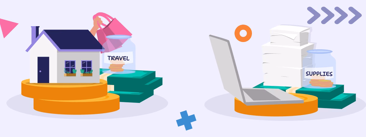 A house and shopping alongside a laptop and supplies, both sitting on stacks of coins
